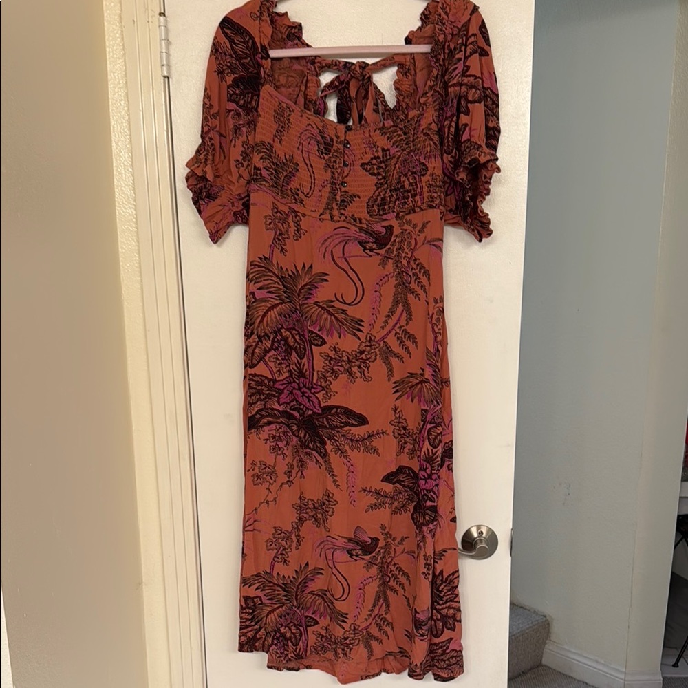 Anthropologie Orange Midi Sundress with Puff Sleeves and Square Neck